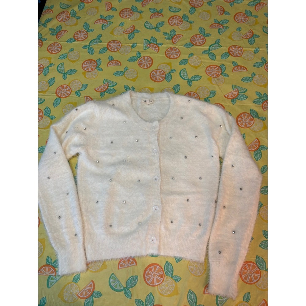 Mainstrip Rhinestone Fuzzy Eyelash Cardigan Sweater Womens‎ Large Cream
